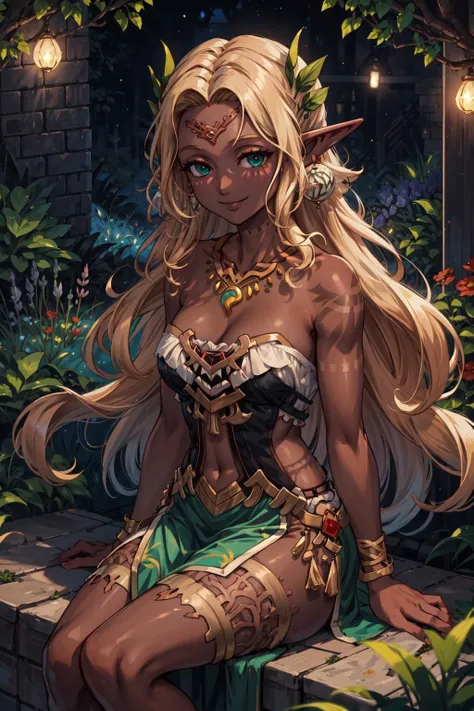masterpiece,best quality,1girl,SoniaTotk,pointy ears,blonde hair,tattoo,earrings,necklace,green eyes,dark skin,medium breasts,smile,sitting,garden,<lora:SoniaTotk:0.8>,