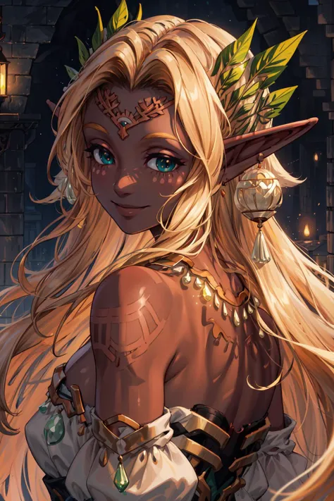 masterpiece,best quality,1girl,SoniaTotk,pointy ears,blond hair,tattoo,earrings,necklace,green eyes,dark skin,bare shoulders,dress,hair ornament,circlet,medium breasts,smile,looking back,from behind,<lora:SoniaTotk:1>,
