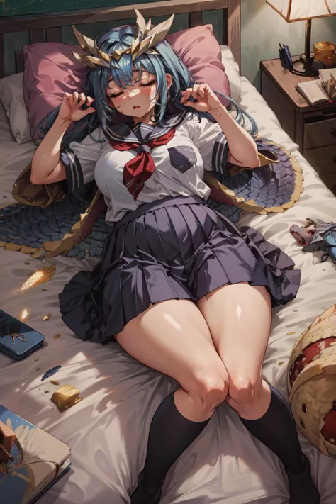 masterpiece,best quality,1girl,magnamalo,monster hunter,scales,monster girl,plump,((school uniform)),sleeping,bedroom,<lora:Magnamalo:0.5>,