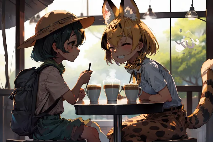 masterpiece,best quality,2girls,face-to-face,cafe,sitting,
AND masterpiece,best quality,2girls,face-to-face,cafe,sitting,(1girl,(kaban \(kemono friends\)), hat,backpack, light smile,(human)),
AND masterpiece,best quality,2girls,face-to-face,cafe,sitting,(1girl,serval, blonde hair, closed eyes, cat ears, cat tail, kemono friends,laughing,<lora:my_ServalKemonoFriends_v1:0.5> ),