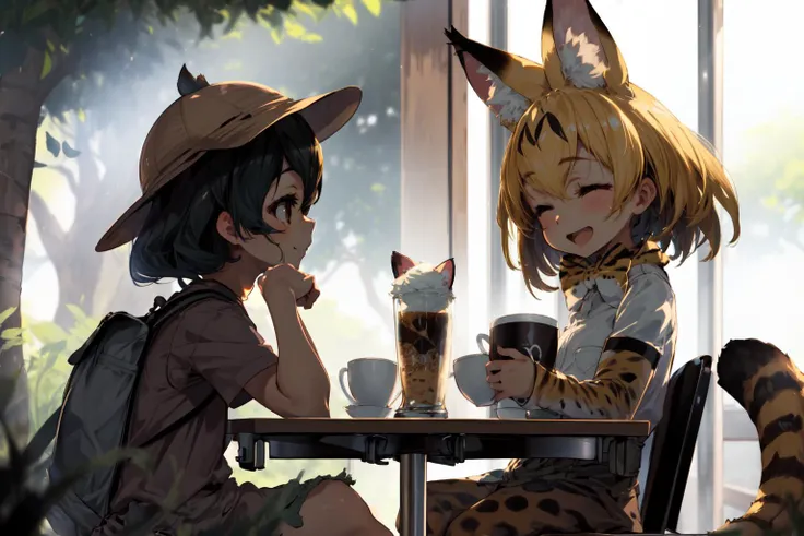 masterpiece,best quality,2girls,face-to-face,cafe,sitting,
AND masterpiece,best quality,2girls,face-to-face,cafe,sitting,(1girl,(kaban \(kemono friends\)), hat,backpack, light smile,(human)),
AND masterpiece,best quality,2girls,face-to-face,cafe,sitting,(1girl,serval, blonde hair, closed eyes, cat ears, cat tail, kemono friends,laughing,<lora:my_ServalKemonoFriends_v1:0.5> ),