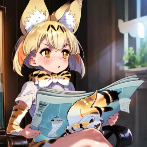 masterpiece,best quality,1girl,serval,blonde hair,orange eyes,cat ears,cat tail,kemono friends,TomReadingTheNewspaper,<lora:TomReadingTheNewspaper:1>,<lora:my_ServalKemonoFriends_v1:0.5>,