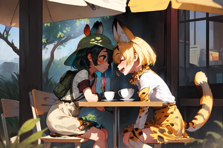 masterpiece,best quality,2girls,face-to-face,cafe,sitting,
AND masterpiece,best quality,2girls,face-to-face,cafe,sitting,(1girl,(kaban \(kemono friends\)), hat,backpack, light smile,(human)),
AND masterpiece,best quality,2girls,face-to-face,cafe,sitting,(1girl,serval, blonde hair, closed eyes, cat ears, cat tail, kemono friends,laughing,<lora:my_ServalKemonoFriends_v1:0.5> ),