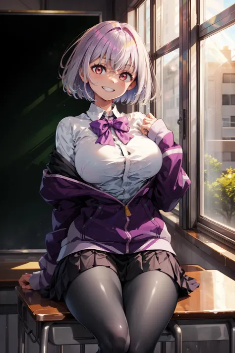 masterpiece,best quality,1girl,shinjou akane,aaakane,short hair,red eyes,large breasts,purple bowtie,collared shirt,white shirt,off shoulder,purple jacket,partially unzipped,long sleeves,sleeves past wrists,pleated skirt,black skirt,pantyhose,thick thighs,grin,classroom,sunlight,<lora:CHAR-SSSS.GRIDMAN-Shinjo Akane_v2-h_madoka:0.8>,