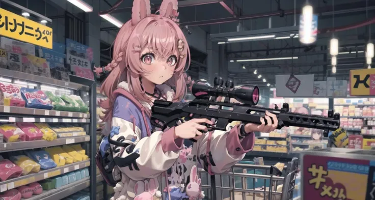 1girl, pipkin pippa, hair ornament, pink hoodie, pink hair, braids, pink eyes, rabbit ears, blank eyes, shooter's rack, shooting rifle, assault_rifle, indoors, Walmart, supermarket, detailed interior, <lora:char-pippa:0.8>,
