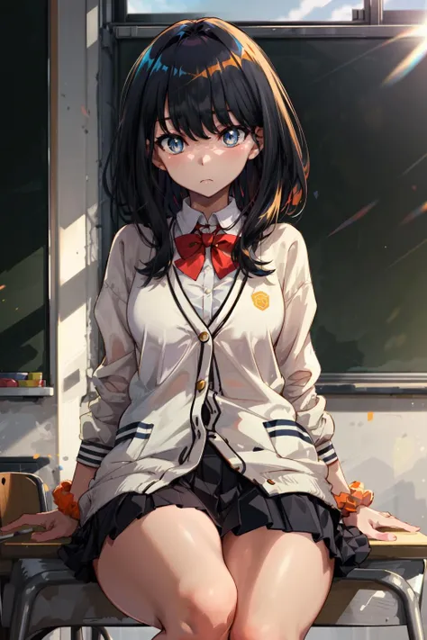 masterpiece,best quality,1girl,takarada rikka,rikka1,1girl,takarada rikka,black hair,solo,blue eyes,wrist scrunchie,long hair,red socks,school uniform,black skirt,bangs,pleated skirt,orange scrunchie,red bow,white cardigan,long sleeves,bowtie,white shirt,miniskirt,white sweater,thick thighs,expressionless,sitting,classroom,sunlight,<lora:takarada_rikka_v1:0.6>,