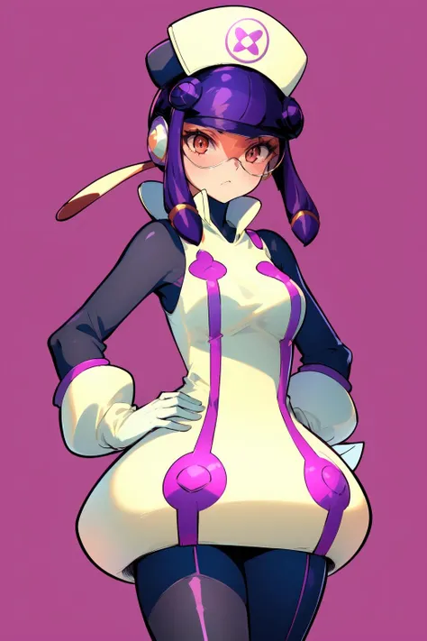 masterpiece,best quality,1girl,Meddy.Exe,Netnavi_MM,purple hair,nurse cap,visor,pink-tinted eyewear,red eyes,sidelock,purple long sleeves bodysuit,white sleeveless dress \(clothing\),gloves,boots,expressionless,hand on hip,simple background,<lora:CHAR-Mega Man Battle Network-Meddy.EXE_V2-Herrscher_AGGA2023:0.8>,