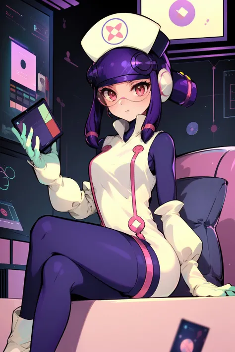 masterpiece,best quality,1girl,Meddy.Exe,Netnavi_MM,purple hair,nurse cap,visor,pink-tinted eyewear,red eyes,sidelock,purple long sleeves bodysuit,white sleeveless dress \(clothing\),gloves,boots,expressionless,sitting,laptop,panels,office,science fiction,<lora:CHAR-Mega Man Battle Network-Meddy.EXE_V2-Herrscher_AGGA2023:0.8>,