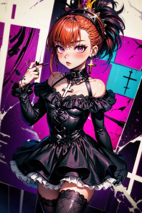 (masterpiece, top quality, best quality, official art, beautiful and aesthetic:1.2),extreme detailed,colorful,highest detailed,1girl,zzRika,purple eyes,orange hair,ponytail,short hair,(broken heart),gothic,black lips,latin cross,cross earrings,black nails,vampire,black collar,multiple rings,fishnets,lipstick,piercing,cross necklace,headdress,eyeshadow,makeup,lace,frilled thighhighs,black dress,shoulder cutout,expressionless,blush,(multicolored background),dutch angle,<lora:Concept-control tool-add_detail-CyberAIchemist:0.8>,<lora:Rika_Digimon:0.8>,