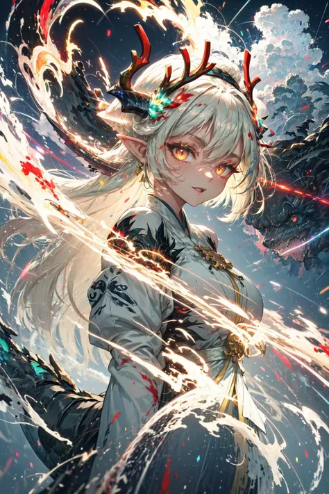 masterpiece,best quality,1girl,(eastern dragon girl:1.2),dragon yellow antlers,glowing horns,red eyeshadow,pointy ears,hanfu,detached sleeves,dragon print,floating hair,looking at viewer,happy,cloud,light particles,paint splatter,paint,dynamic,colorful,swirl,abstract,expressive,<lora:Concept-control tool-add_detail-CyberAIchemist:0.8>,