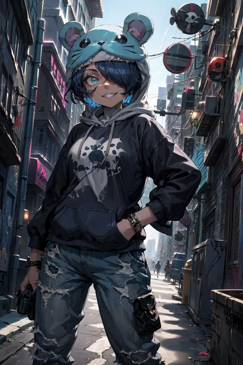masterpiece,best quality,1girl,sistermon ciel,short hair,blue hair,blue eyes,hair over one eye,animal hat,animal ears,digimon \(creature\),animal hood,cool and edgy attire,baggy pants,oversized hoodie,fashionable accessories,hip hop jewelry,grin,urban and street style,graffiti-inspired colors,confident expression,graffiti walls,dutch angle,<lora:Concept-control tool-add_detail-CyberAIchemist:0.7>,<lora:Sistermon_Ciel:0.7>,