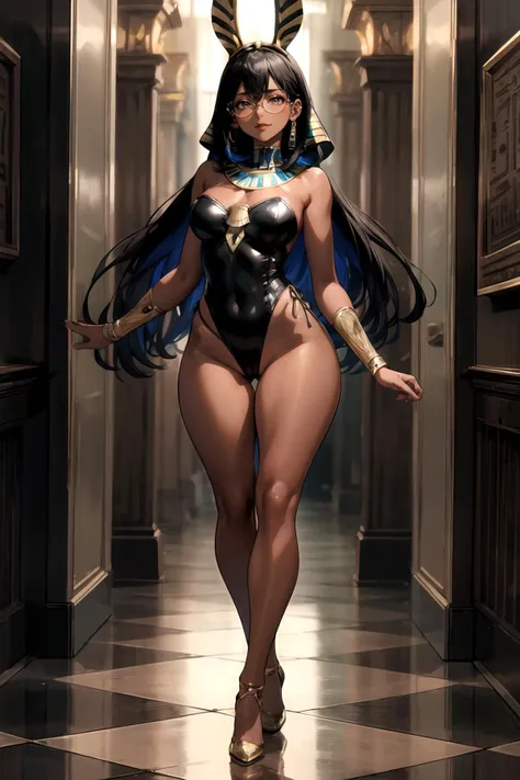 (masterpiece), (best_quality), (ultra-detailed), (illustration), (welcoming), (egyptian:1.3), (in a wistful, cheerful fancy hallway:1.3), red lipstick, pose, [:sexy costume design:0.2], glasses, medium breasts, narrow waist, tall, athletic slim toned hourglass figure, (leotard:1.2), (dark skin:1.3), official art, vivid color, finely detailed, hyper detailed, 8k, high resolution illustration, absurdres, intricate detail