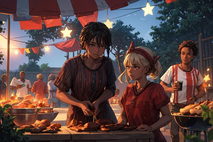 ((best quality, masterpiece, absurbres)), (African family BBQ in the backyard) Happy expression, National day, celebration, American flag, Red, White, Blue, Stars and Stripes