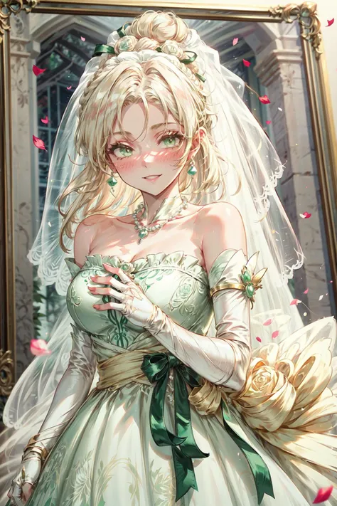masterpiece,best quality,1girl,solo,mature female,maria,long hair,blonde hair,ponytail,wavy hair,green eyes,hair ribbon,(green ribbon),(bride,wedding dress,bridal veil,strapless dress,bridal gauntlets,elbow gloves,white gloves,pearl necklace),smile,blush,white rose,rose petals,(framed),<lora:Concept-control tool-add_detail-CyberAIchemist:0.9>,<lora:maria:0.6>,