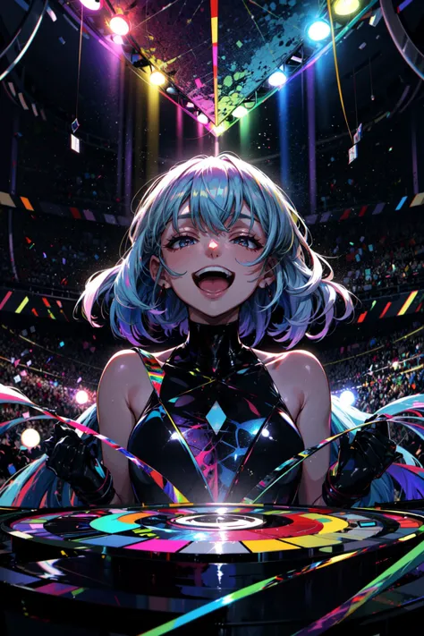 ((best quality, masterpiece, absurdres, super-resolution)) (Concert:1) PVC and vinyl, prismatic, holographic, happy, <lora:GlowingNightmare:0.4>