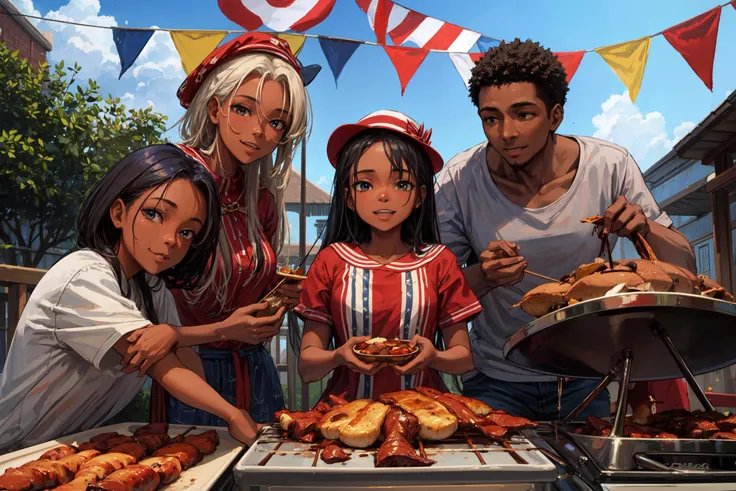 ((best quality, masterpiece, absurbres)), (African family BBQ in the backyard) Happy expression, National day, celebration, American flag, Red, White, Blue, Stars and Stripes