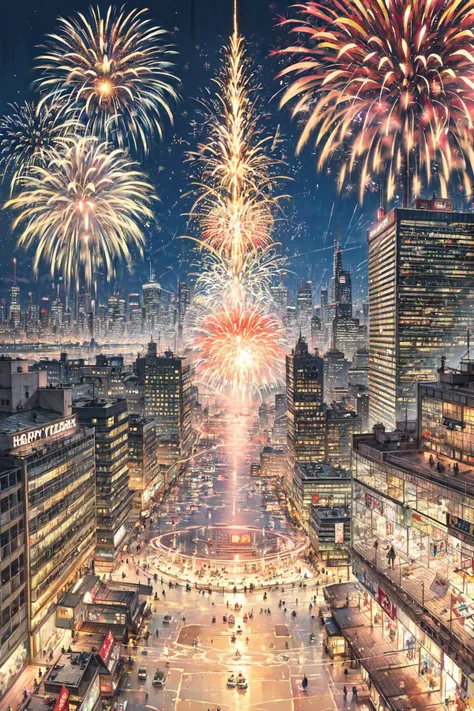 masterpiece,best quality,(postcard,nengajou,happy new year:1.2),fireworks,modern city,Illustrate a translucent watercolor painting,with delicate washes of color,<lora:Concept-control tool-add_detail-CyberAIchemist:0.8>,