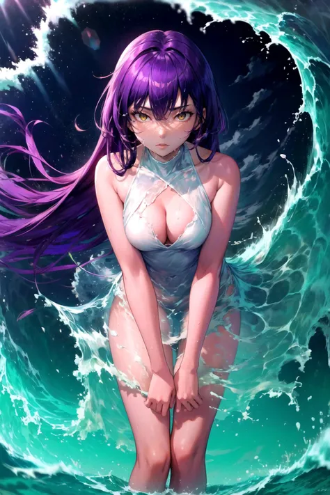 cowboy shot, 1girl, absurdly long hair, purple hair, yellow eyes, medium breasts, highleg, dress, sleeveless, liquid dress, translucent dress, wet clothes, leaning forward, cleavage outdoors, waves, clouds, light particles <lora:LiquidClothesV1fixed:1>