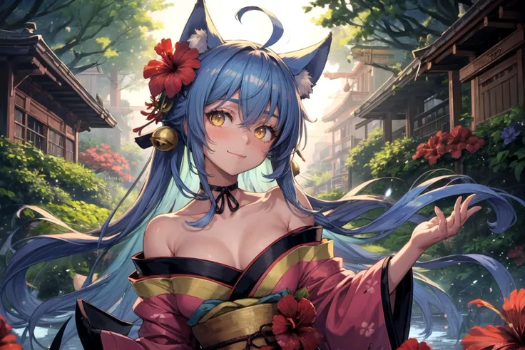 shadows, outline, shrine, ((garden, hibiscus)), overgrown upper body, blush, head tilt, 1girl, blue hair, absurdly long hair, ahoge, yellow eyes, long fox ears, sidelocks, fox tails, light smile, looking at viewer, floating hair, flower hair ornament, kimono, off shoulder, bell choker