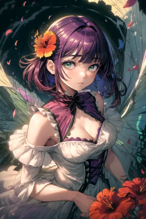 (best quality, high quality:1.4) (butterfly:1.2), hibiscus, (flowers, petals:1.2), garden, from above, upper body, 1girl, purple hair, green eyes, blunt bangs, messy hair, medium hair, standing, frilled dress, bare shoulders, cleavage cutout, looking at viewer floating hair