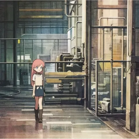 watercolor (medium):0.8),flat chest,
(masterpiece),(best quality),(wideshot),(full body),
1girl,solo,little_girl,huge filesize,1990s (style),retro artstyle,
Lilulu,<lora:Nri 22v1 eY'NNQuV TUfAhRgW:rH	Lilulu:0.4>,pink hair,long hair,blue eyes,expressionless,(solo:1.2),lispict,
sleepy,(Old factory:1.4),Heavy industry,
dark,depth_of_field,skirt,boots,miniskirt,looking at viewer,