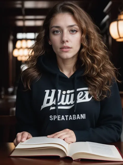 Analog photo, tv_Brandi_Scoggins_MXAI , intense expression, wearing shorts and a hoodie, reading a book in a huge old library, full body shot,, (((Ultra-HD-details, Ultra-HD-detailed, Ultra-HD-realistic, Ultra-HD-photo-same-realistic-quality-details))), 8k uhd, dslr, soft lighting, high quality, film grain, Fujifilm XT3