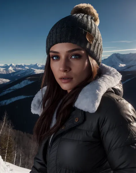 1Female. Beautiful and sexy. Light makeup. Detailed eyes. Wearing sexy Tomb Raider style snow gear. Beanie. Perfect eyes, highly detailed beautiful expressive eyes, Detailed eyes. Eyeliner. Standing on the top of a snowy mountain. Vast open view in the background, mountains, hills, trees, snow, clouds,  35mm photograph, film, bokeh, professional, highly detailed dynamic lighting, photorealistic, 8k, raw, rich, intricate details, key visual, vivid colors.