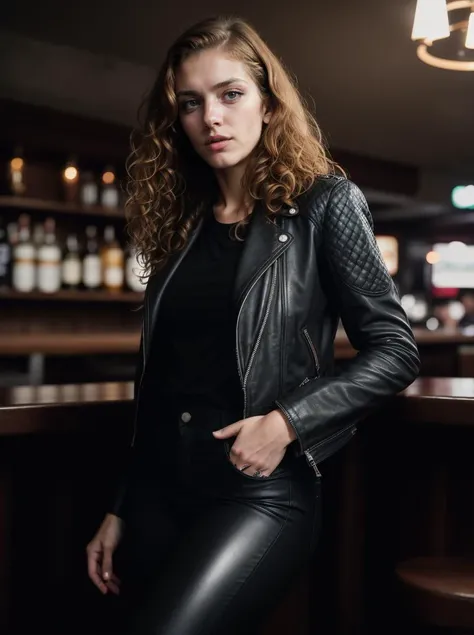 Analog photo, tv_Brandi_Scoggins_MXAI , hard expression, wearing biker boots, wearing detailed leather pants, wearing a band t-shirt, wearing a leather jacket, standing at the bar in a biker bar, shot from the side, PA7_Portrait-FL, (((Ultra-HD-details, Ultra-HD-detailed, Ultra-HD-realistic, Ultra-HD-photo-same-realistic-quality-details))), 8k uhd, dslr, soft lighting, high quality, film grain, Fujifilm XT3