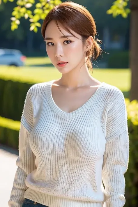 woman, Large breasts, facingviewer,fcPortrait, Cropped sweater, midriff, Sweater, 1girll, Detailed face, Suspended driveway, illustrated