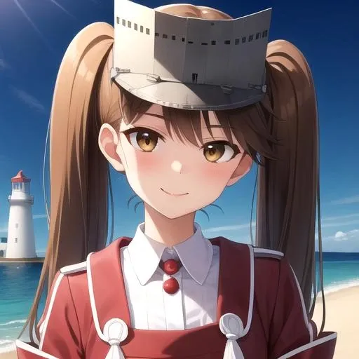 ((masterpiece)),(best quality),official art,extremely detailed CG,unity 8k wallpaper,ultra detailed,A lighthouse on a cliff by the sea,1girl,solo,upper body,(portrait:1.2),brown_hair,twintails,visor_cap,shikigami,brown_eyes,onmyouji,magatama,smile,japanese_clothes,kariginu,looking_at_viewer,pleated_skirt,<lora:Ryuujou(kan)>,