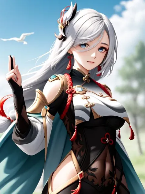 portrait, masterpiece, best quality, shenhe \(genshin impact\), 1girl, solo, breasts, bodysuit, tassel, gloves, bangs, braid, outdoors, bird, jewelry, earrings, sky, breast curtain, long hair, hair over one eye, covered navel, blue eyes, looking at viewer, hair ornament, large breasts, shoulder cutout, clothing cutout, very long hair, hip vent, braided ponytail, partially fingerless gloves, black bodysuit, tassel earrings, black gloves, gold trim, white hair