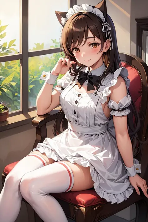 masterpiece, 1girl, best quality, highres, aanitta, <lora:nitta_minami_v1:0.7>, maid headdress, maid, maid apron, wrist cuffs,cat ears, knee socks, indoors,smile, blush, sit in a chair, antique chair, , inroom