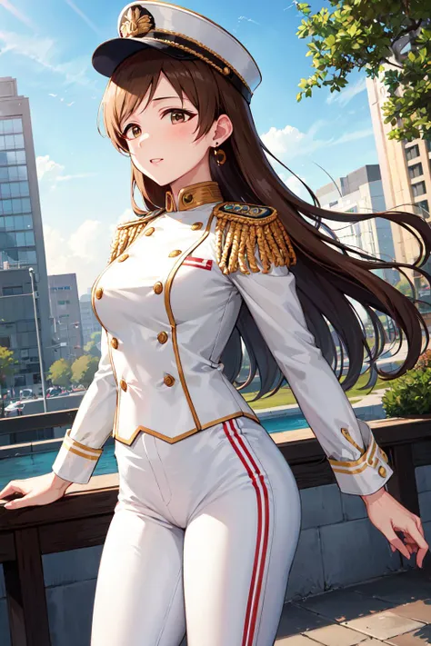 masterpiece, best quality, highres, aanitta, long hair, peaked cap, earrings, medium breasts, military uniform, epaulettes, (white shirt:1.2), white sleeves, long sleeves, white pants, idolmaster, <lora:nitta_minami_v1:0.7>, cowboy shot, standing, outdoors,