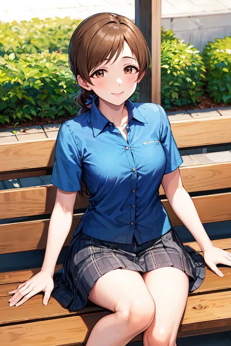 masterpiece, best quality, highres, aanitta, very long hair, long hair, low ponytail, medium breasts, blue shirt, short sleeves, collared shirt, plaid skirt, miniskirt, idolmaster, <lora:nitta_minami_v1:0.7>, sitting, smile, bench,