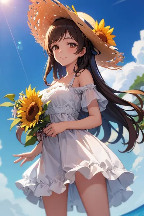 masterpiece, 1girl, best quality, highres, aanitta, long hair, medium breasts,<lora:nitta_minami_v1:0.7>, white onepeace, sun flower,wear a straw hat, smile, looking at viewer, outdoors, summer