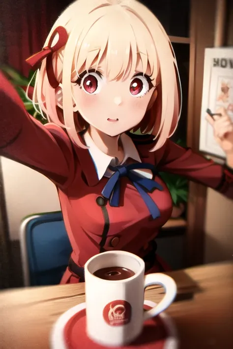 <lora:Khyle_LoRAv2.4:0.8>, warm lighting, (brush strokes), (rough drawing), (film grain), (Chisato:0.9), blonde hair,( red hair bow),blonde hair,[blue bow], (detailed deep eyes),(red eyes), nishikigi chisato, selfie, portrait, coffee mug, blurry, pointing at viewer,