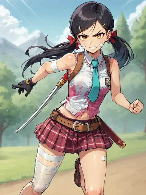 score_9, score_8_up, score_7_up, score_6_up, source_anime, BREAK
<lora:Onechanbara2_Saki_Pony_v1:0.8>, low twin tails, red ribbons, yellow eyes, red pupils, black hair, long hair, sleeveless, white collared shirt, black gloves, hair ornament, teal necktie, pleated red skirt, plaid red skirt, midriff, belt, miniskirt, holding a long katana, mary janes, brown footwear, running, smirk, serious, bandaid, leg bandage, arm bandage, fishnet