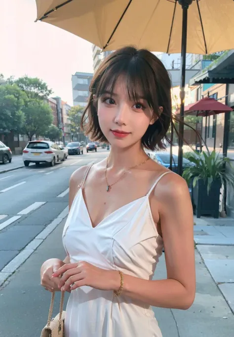 8K, masterpiece, Highest quality, Realistic, Super detailed, 1 Girl, Realistic skin texture, Large Breasts, Focus on the viewer, , Loose-fitting half-cut T-shirt,, Under the chest, Under the chest, Micro Mini Skirt, , Cinema Lighting, Face Focus, Beautiful Eyes, Detailed face, Bright Face, Light of the sun, Outdoor cafe in the background, Low angle shot, View from below