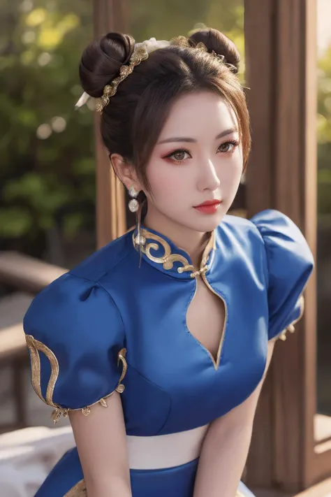 beautiful sexy Female Chinese woman in traditional blue chinese dress holding a Blank white sign wight the great wall in the background