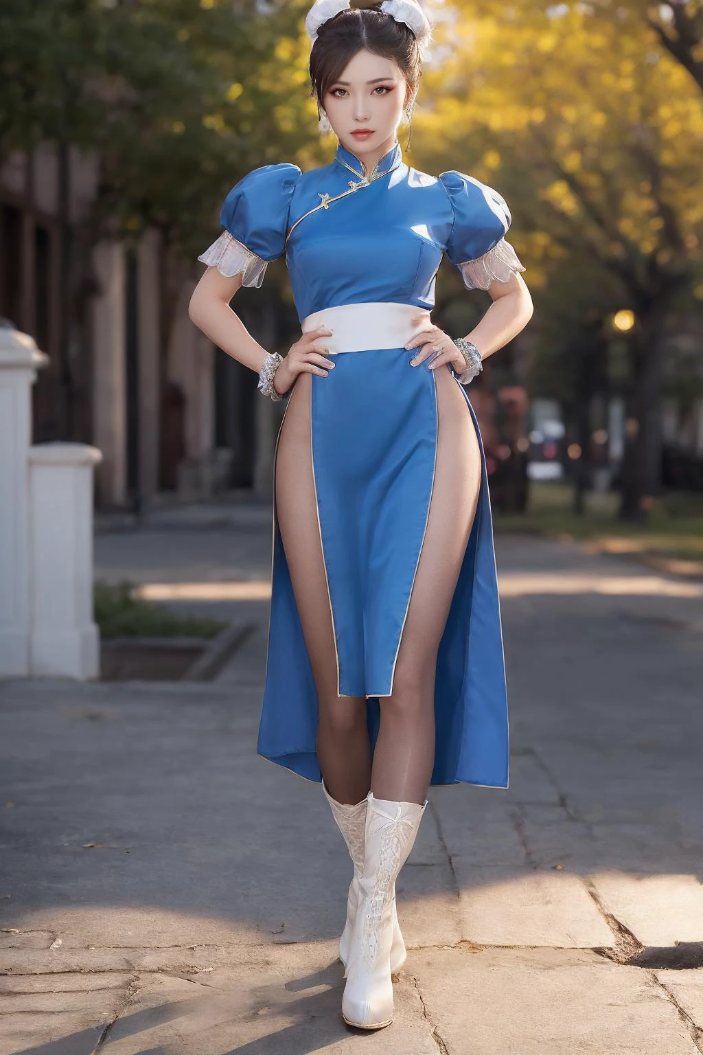 1gril,(solo:1.2),chunli,(brown eyes),brown hair,(bun cover),double bun,eyeliner,hair bun,lipstick,makeup,pink lips BREAK blue dress,boots,bracelet,brown pantyhose,china dress,chinese clothes,cross-laced footwear,dress,gold trim,jewelry,pelvic curtain,puffy sleeves,sash,short sleeves,side slit,spiked bracelet,spikes,white boots,(looking at viewer:1.2),outdoors,fighting_stance,(masterpiece:1.2),high resolution,unity 8k wallpaper,(beautiful detailed eyes:1.2),perfect lighting,extremely detailed CG,(perfect hands, perfect anatomy),(illustration:0.8),best quality,(detailed face:1.2),(Petals_flying),<lora:chun liV1:0.8>,<lora:YFilter_PortraitEnhance_V1:0.7>,