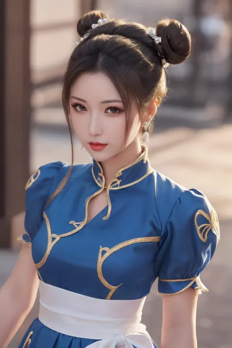 1gril,(solo:1.2),chunli,(brown eyes),brown hair,(bun cover),double bun,eyeliner,hair bun,lipstick,makeup,pink lips BREAK blue dress,boots,bracelet,brown pantyhose,china dress,chinese clothes,cross-laced footwear,dress,gold trim,jewelry,pelvic curtain,puffy sleeves,sash,short sleeves,side slit,spiked bracelet,spikes,white boots,(looking at viewer:1.2),outdoors,fighting_stance,upper body,
(masterpiece:1.2),high resolution,unity 8k wallpaper,(beautiful detailed eyes:1.2),perfect lighting,extremely detailed CG,(perfect hands, perfect anatomy),(illustration:0.8),best quality,(detailed face:1.2),(Petals_flying),<lora:chun liV1:0.7>,