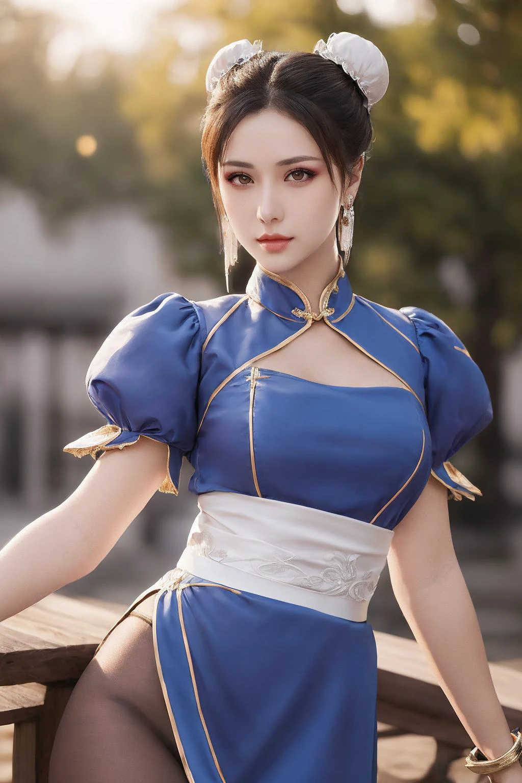 1gril,(solo:1.2),chunli,(brown eyes),brown hair,(bun cover),double bun,eyeliner,hair bun,lipstick,makeup,pink lips BREAK blue dress,boots,bracelet,brown pantyhose,china dress,chinese clothes,cross-laced footwear,dress,gold trim,jewelry,pelvic curtain,puffy sleeves,sash,short sleeves,side slit,spiked bracelet,spikes,white boots,(looking at viewer:1.2),outdoors,fighting_stance,(masterpiece:1.2),high resolution,unity 8k wallpaper,(beautiful detailed eyes:1.2),perfect lighting,extremely detailed CG,(perfect hands, perfect anatomy),(illustration:0.8),best quality,(detailed face:1.2),(Petals_flying),<lora:chun liV1:0.8>,<lora:YFilter_PortraitEnhance_V1:0.7>,