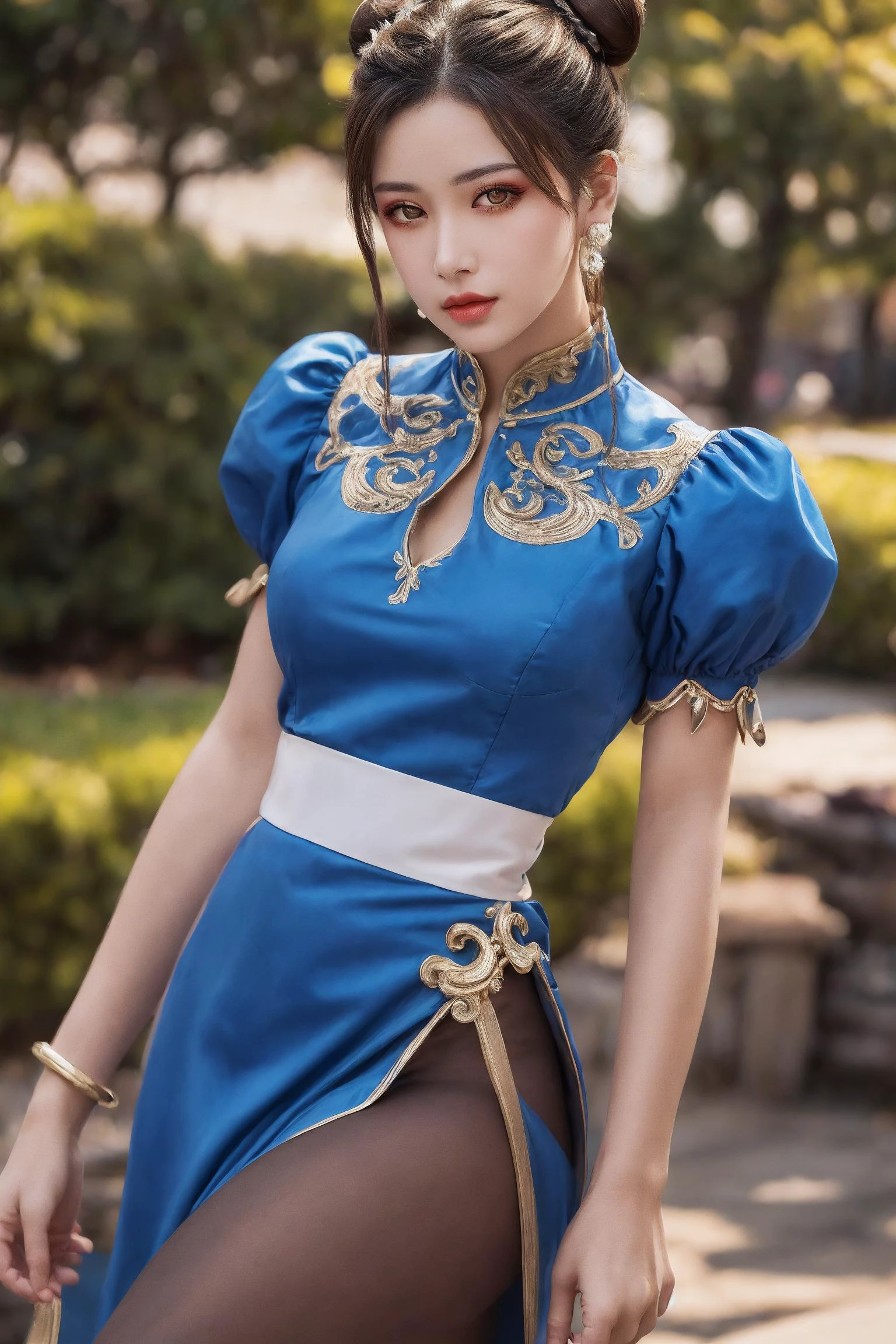 1gril,(solo:1.2),chunli,(brown eyes),brown hair,(bun cover),double bun,eyeliner,hair bun,lipstick,makeup,pink lips BREAK blue dress,boots,bracelet,brown pantyhose,china dress,chinese clothes,cross-laced footwear,dress,gold trim,jewelry,pelvic curtain,puffy sleeves,sash,short sleeves,side slit,spiked bracelet,spikes,white boots,(looking at viewer:1.2),outdoors,upper body,detailed face,
(beautiful detailed eyes:1.2),perfect lighting,(perfect hands, perfect anatomy),(illustration:0.8),best quality,(detailed face:1.2),<lora:add_detail:0.7>,<lora:YFilter_PortraitEnhance_V1:0.7>,<lora:chun liV1:0.8>,, masterpiece,8k,incredibly_absurdres,best quality,depth field,photorealistic,ultra highres,real picture,(realistic:1.2),masterpiece,intricate details,ultra-detailed,
