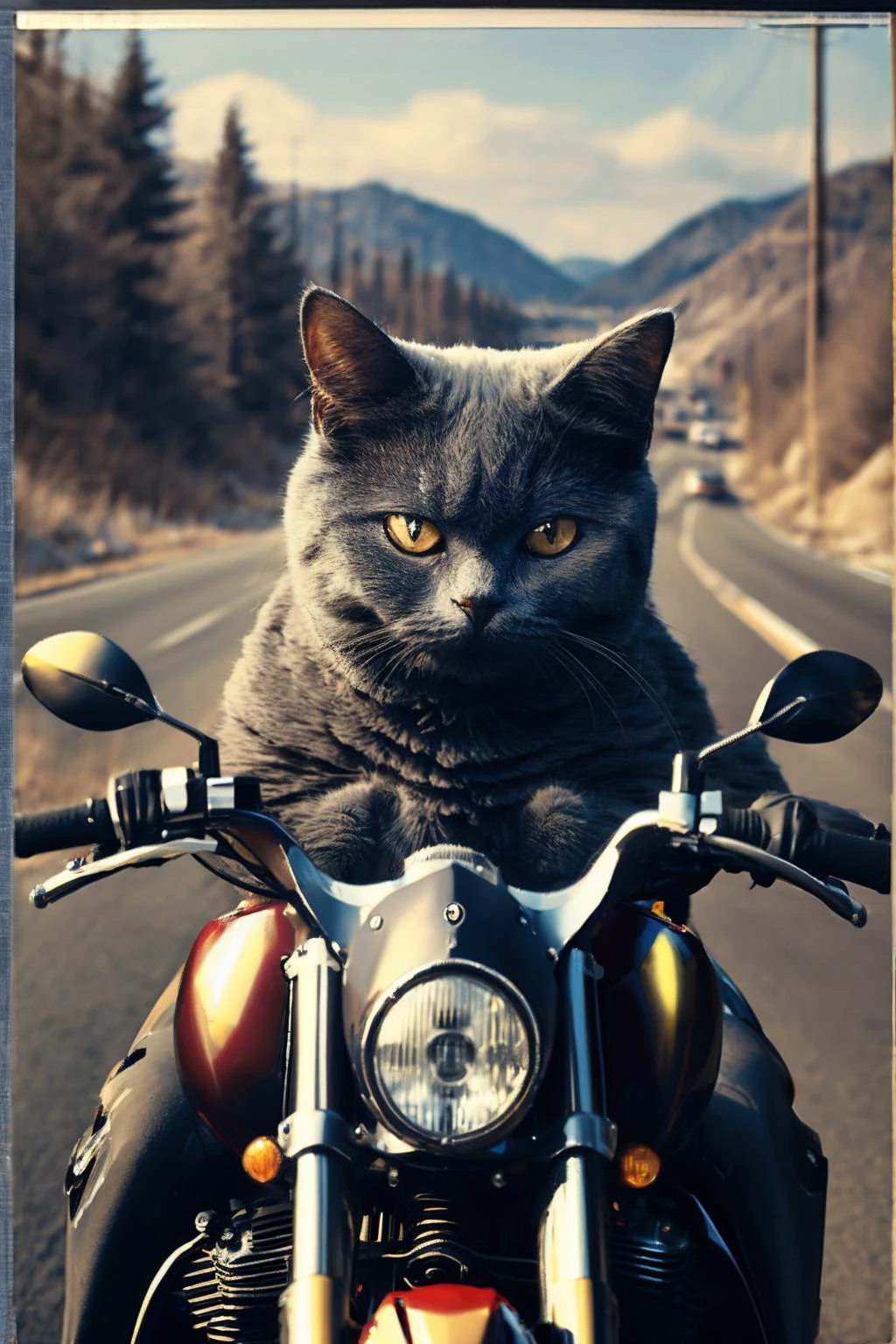 <lora:Chartreux_v3:0.8>,A cat rides a motorcycle on the road,sunglasses,(from beside:1.2),cool,8k,masterpiece,poster,upper body,looking at viewer,