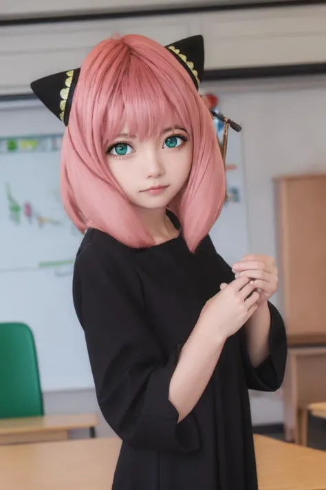 anyaforger,anya forger,bangs,(green eyes:1.2),pink hair,ahoge,hair ornament,(asian:1.2),cute,<lora:anya forger s1-lora-nochekaiser:1>,female ,smug,
BREAK long sleeves,dress,school uniform,socks,(black_dress:1.3),
BREAK indoors,classroom,
BREAK looking at viewer,(cowboy shot:1.5),
(masterpiece:1.2),best quality,high resolution,unity 8k wallpaper,(illustration:0.8),(beautiful detailed eyes:1.6),extremely detailed face,perfect lighting,extremely detailed CG,(perfect hands, perfect anatomy),<lora:AnyaForgerSF001:0.3>,