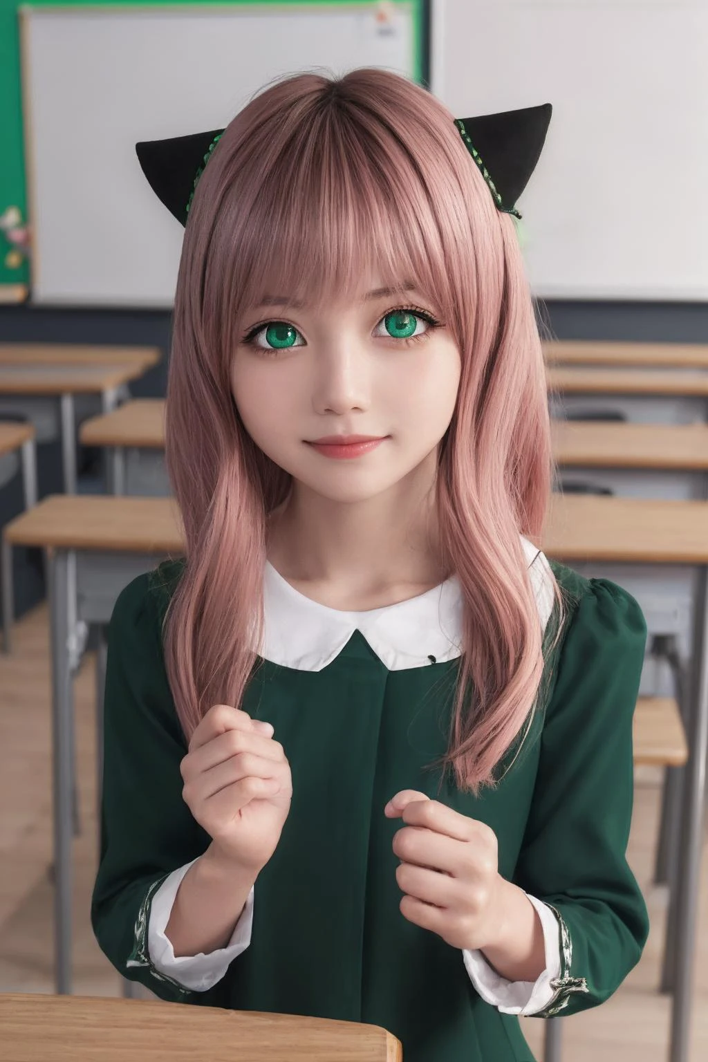 anyaforger,anya forger,bangs,(green eyes:1.5),pink hair,ahoge,hair ornament,smile,(asian:1.2),cute,<lora:anya forger s1-lora-nochekaiser:1>,female ,
BREAK long sleeves,dress,school uniform,socks,(black_dress:1.3),
BREAK indoors,classroom,
BREAK looking at viewer,(cowboy shot:1.5),
(masterpiece:1.2),best quality,high resolution,unity 8k wallpaper,(illustration:0.8),(beautiful detailed eyes:1.6),extremely detailed face,perfect lighting,extremely detailed CG,(perfect hands, perfect anatomy),