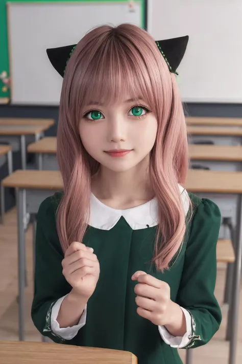 anyaforger,anya forger,bangs,(green eyes:1.5),pink hair,ahoge,hair ornament,smile,(asian:1.2),cute,<lora:anya forger s1-lora-nochekaiser:1>,female ,
BREAK long sleeves,dress,school uniform,socks,(black_dress:1.3),
BREAK indoors,classroom,
BREAK looking at viewer,(cowboy shot:1.5),
(masterpiece:1.2),best quality,high resolution,unity 8k wallpaper,(illustration:0.8),(beautiful detailed eyes:1.6),extremely detailed face,perfect lighting,extremely detailed CG,(perfect hands, perfect anatomy),