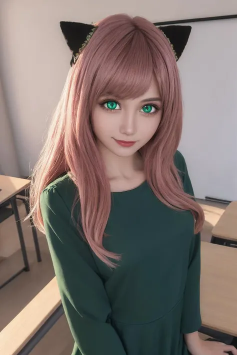 anyaforger,anya forger,bangs,(green eyes:1.5),pink hair,ahoge,hair ornament,smile,(asian:1.2),cute,<lora:anya forger s1-lora-nochekaiser:1>,
BREAK long sleeves,dress,school uniform,socks,(black dress:1.2),
BREAK indoors,classroom,
BREAK looking at viewer,(cowboy shot:1.5),
(masterpiece:1.2),best quality,high resolution,unity 8k wallpaper,(illustration:0.8),(beautiful detailed eyes:1.6),extremely detailed face,perfect lighting,extremely detailed CG,(perfect hands, perfect anatomy),