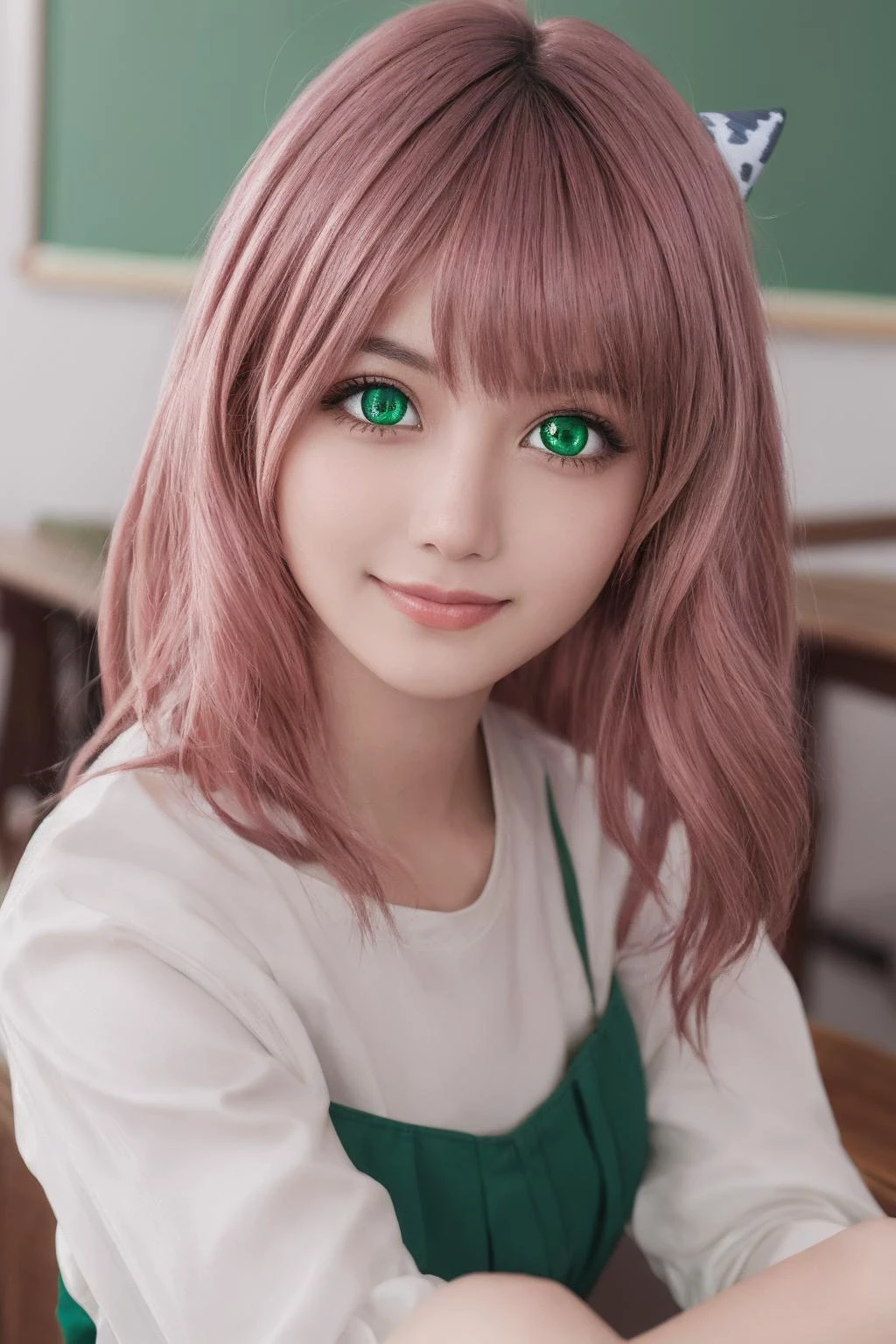 anyaforger,anya forger,bangs,(green eyes:1.5),pink hair,ahoge,hair ornament,smile,(asian:1.2),cute,<lora:anya forger s1-lora-nochekaiser:1>,female ,
BREAK long sleeves,dress,school uniform,socks,(black dress:1.2),
BREAK indoors,classroom,
BREAK looking at viewer,(cowboy shot:1.5),
(masterpiece:1.2),best quality,high resolution,unity 8k wallpaper,(illustration:0.8),(beautiful detailed eyes:1.6),extremely detailed face,perfect lighting,extremely detailed CG,(perfect hands, perfect anatomy),