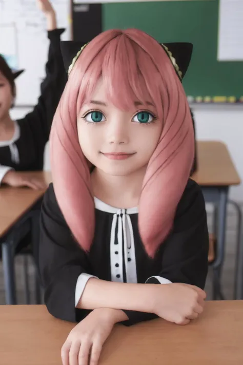 anyaforger,anya forger,bangs,(green eyes:1.2),pink hair,ahoge,hair ornament,smile,(asian:1.3),cute,<lora:anya forger s1-lora-nochekaiser:1>,female ,smug,
BREAK long sleeves,dress,school uniform,socks,(black_dress:1.3),
BREAK indoors,classroom,
BREAK looking at viewer,(cowboy shot:1.5),
(masterpiece:1.2),best quality,high resolution,unity 8k wallpaper,(illustration:0.8),(beautiful detailed eyes:1.6),extremely detailed face,perfect lighting,extremely detailed CG,(perfect hands, perfect anatomy),<lora:AnyaForgerSF001:0.4>,